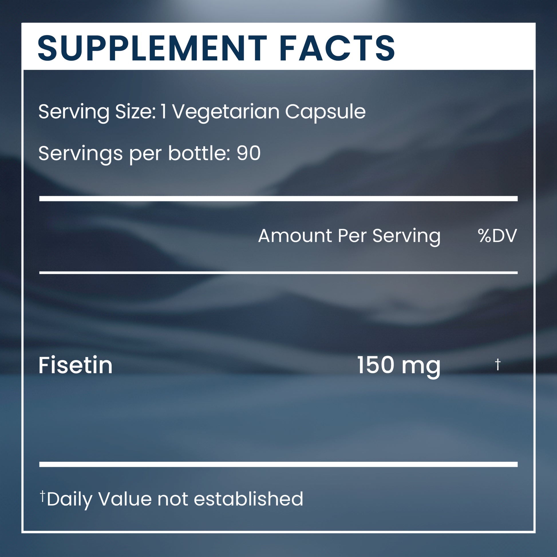 Supplement facts label with fisetin content on a dark blue background