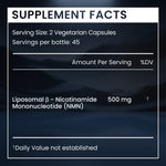 Supplement facts label for Liposomal β-Nicotinamide Mononucleotide (NMN) on a dark background