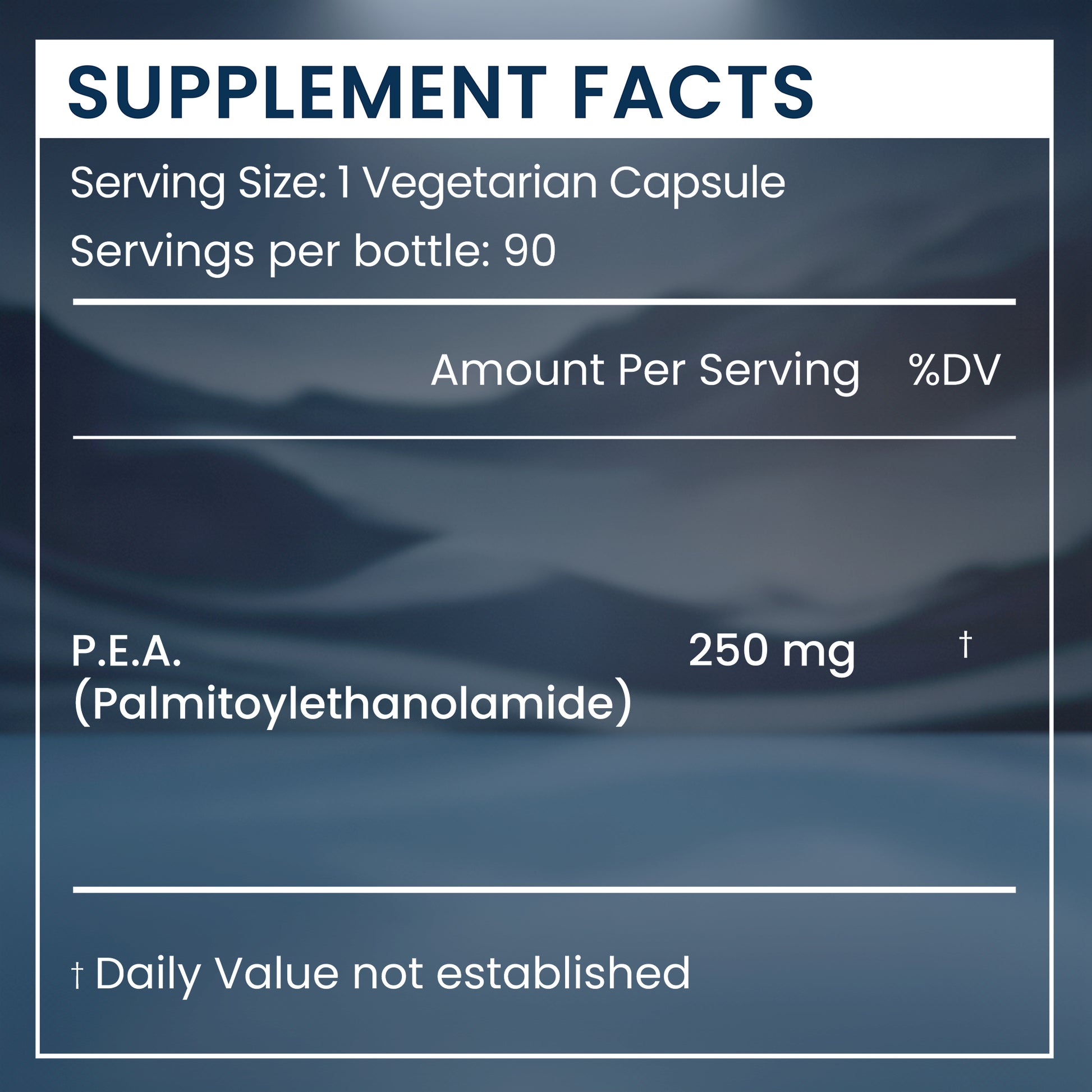 A supplement facts label with a dark blue and gray background showing serving size, servings per bottle, amount per serving, and P.E.