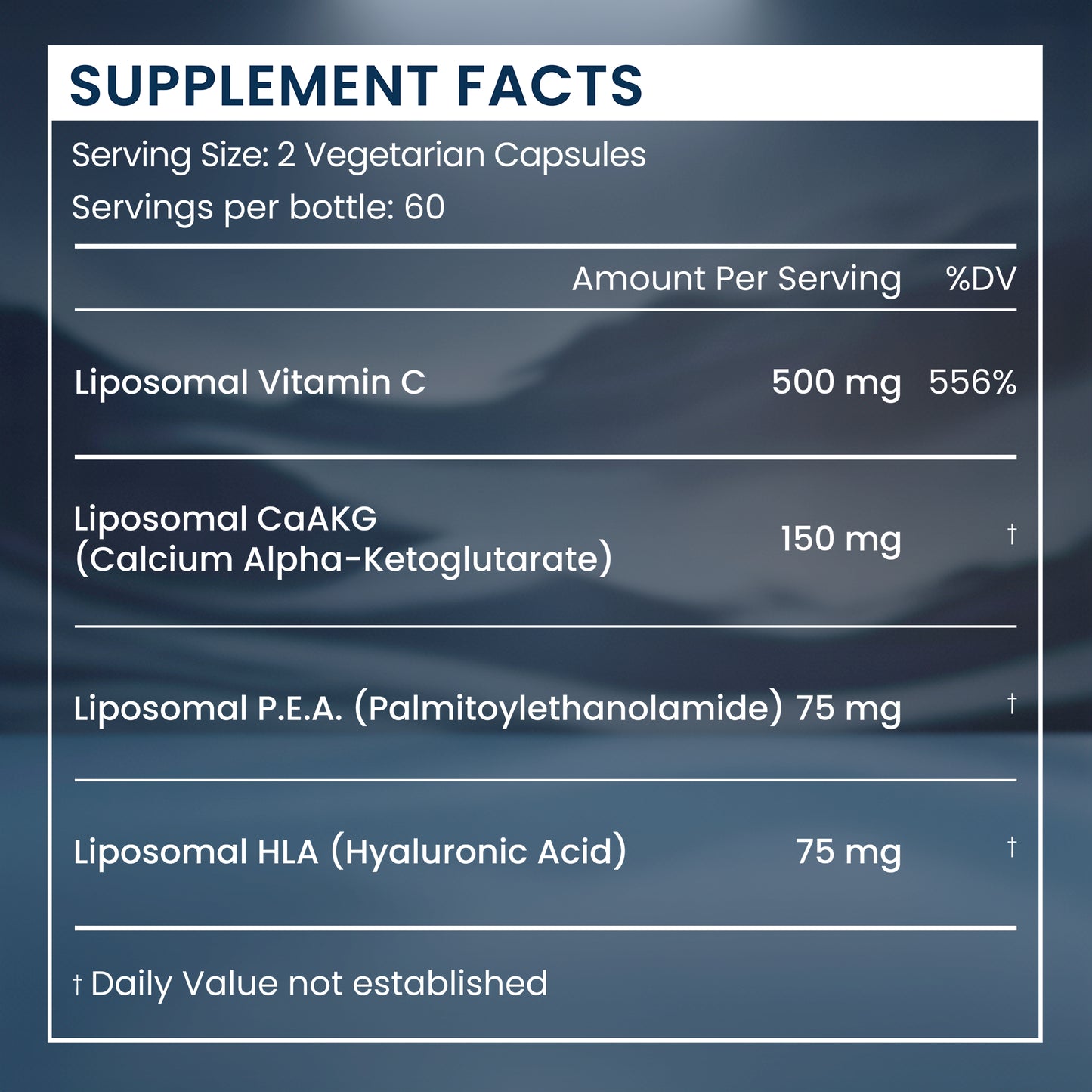 A supplement facts panel on a dark blue background, listing ingredients and amounts per serving: Liposomal Vitamin C 500 mg, Liposomal CaAKG 150 mg, Liposomal P.E.