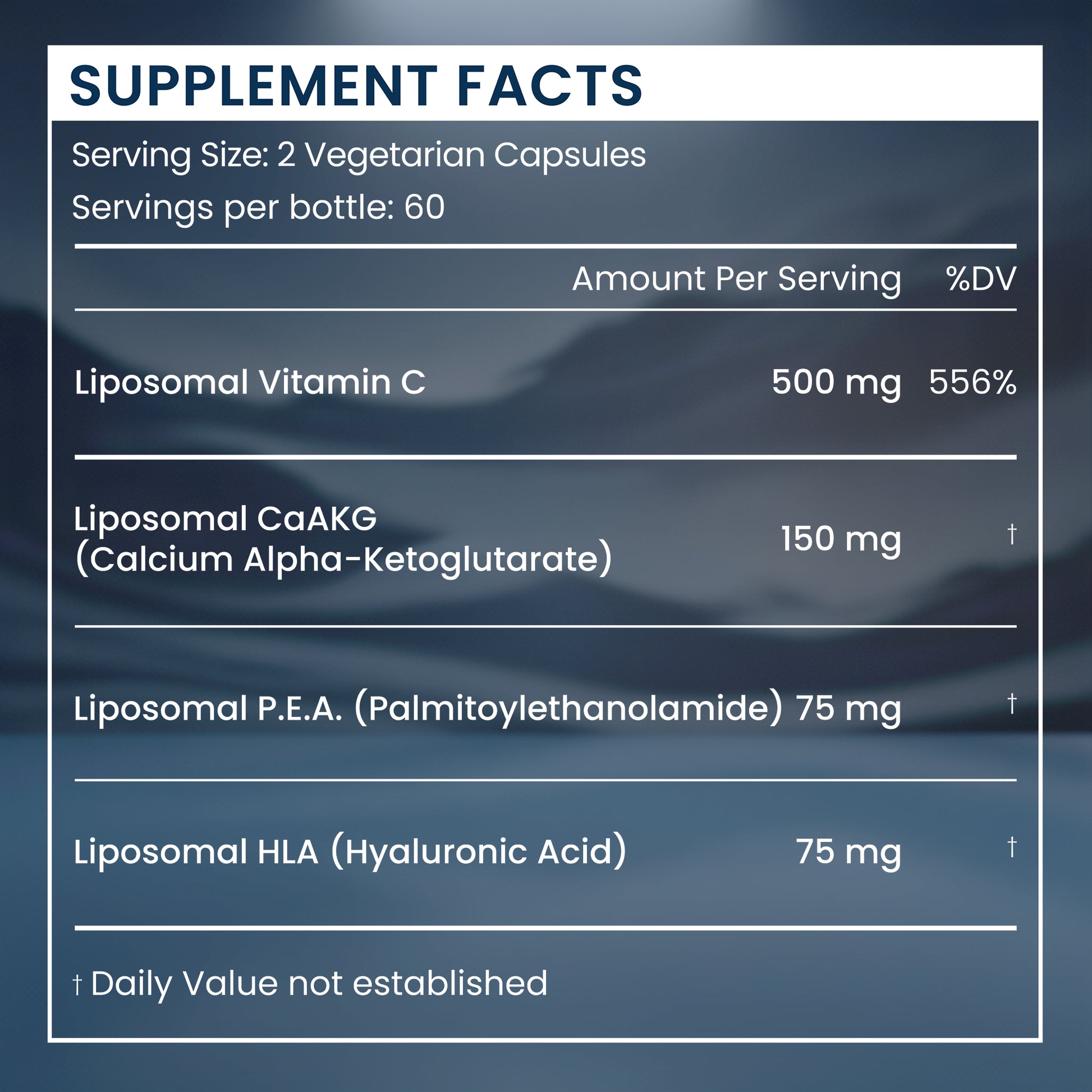 A supplement facts panel on a dark blue background, listing ingredients and amounts per serving: Liposomal Vitamin C 500 mg, Liposomal CaAKG 150 mg, Liposomal P.E.