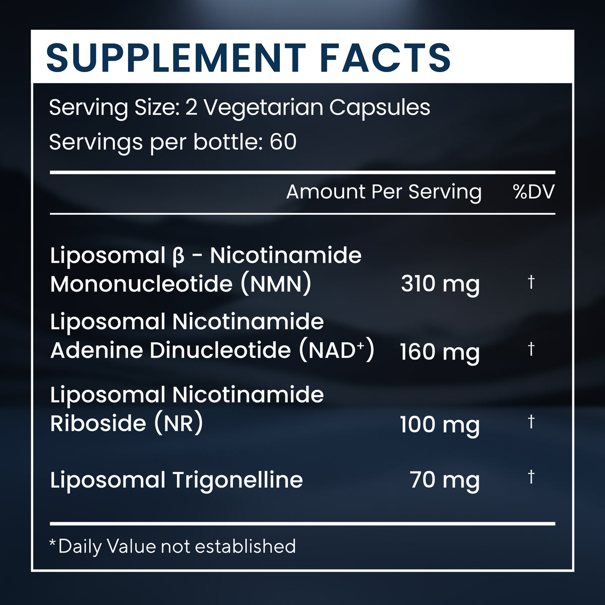 Supplement facts label with detailed nutritional information on a dark background