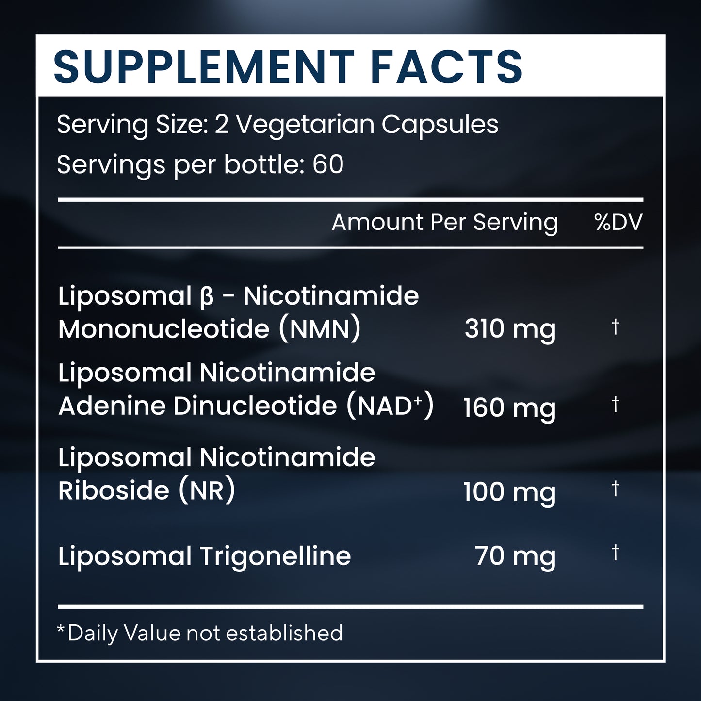 Supplement facts label with detailed nutritional information on a dark background
