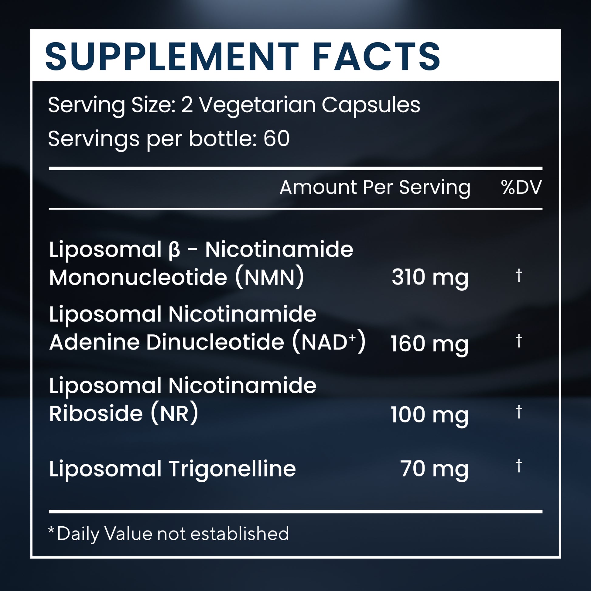 Supplement facts label with detailed nutritional information on a dark background