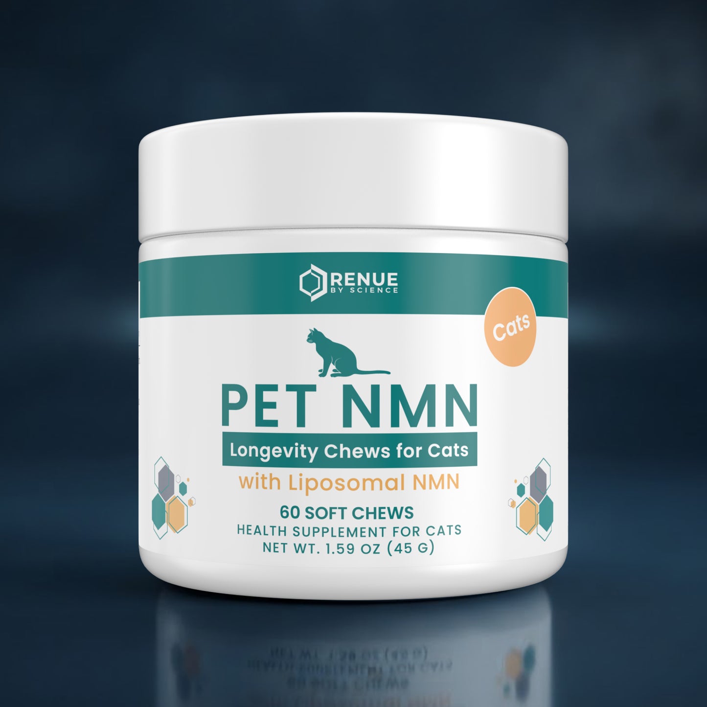 A white plastic jar of Renue Pet NMN Longevity Chews for Cats, featuring a teal and orange label, set against a dark blue gradient background with a soft reflection below.