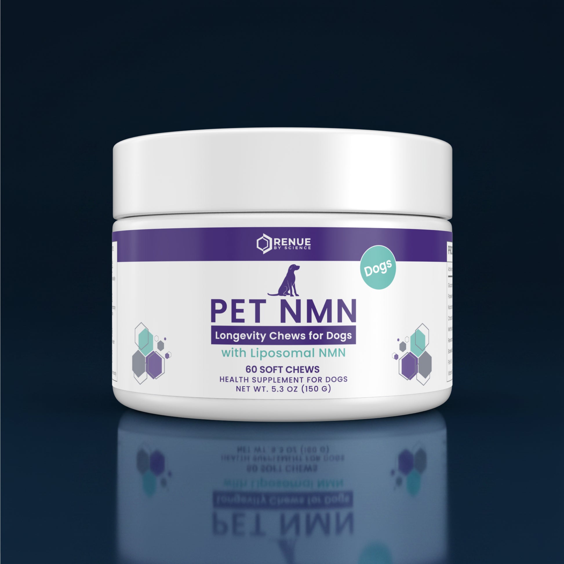 A white plastic jar of Renue Pet NMN Longevity Chews for Dogs, featuring a white label with purple and teal accents, set against a dark navy reflective background.