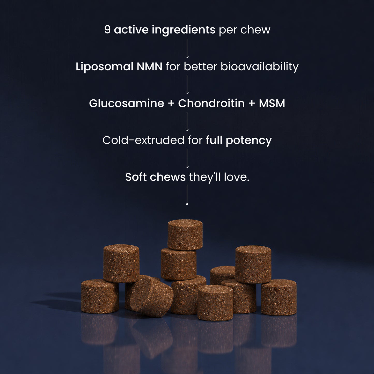 A pile of small brown cylindrical supplements on a dark blue reflective surface, with white text above describing their ingredients and benefits.