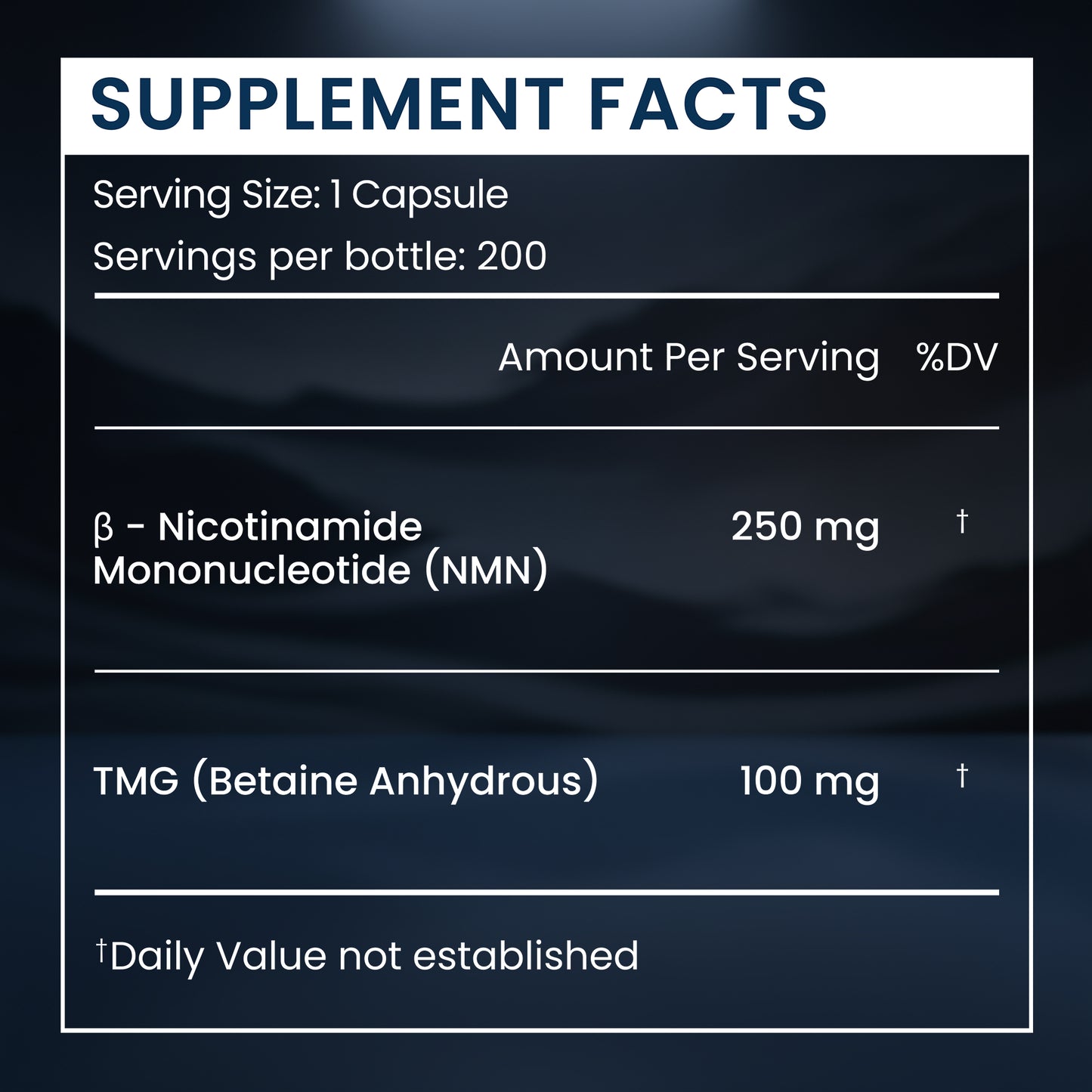 A supplement facts panel on a dark background, showing serving size 1 capsule, 200 servings per bottle, and ingredients: β-Nicotinamide Mononucleotide (NMN) 250 mg and TMG (Betaine Anhydrous) 100 mg.