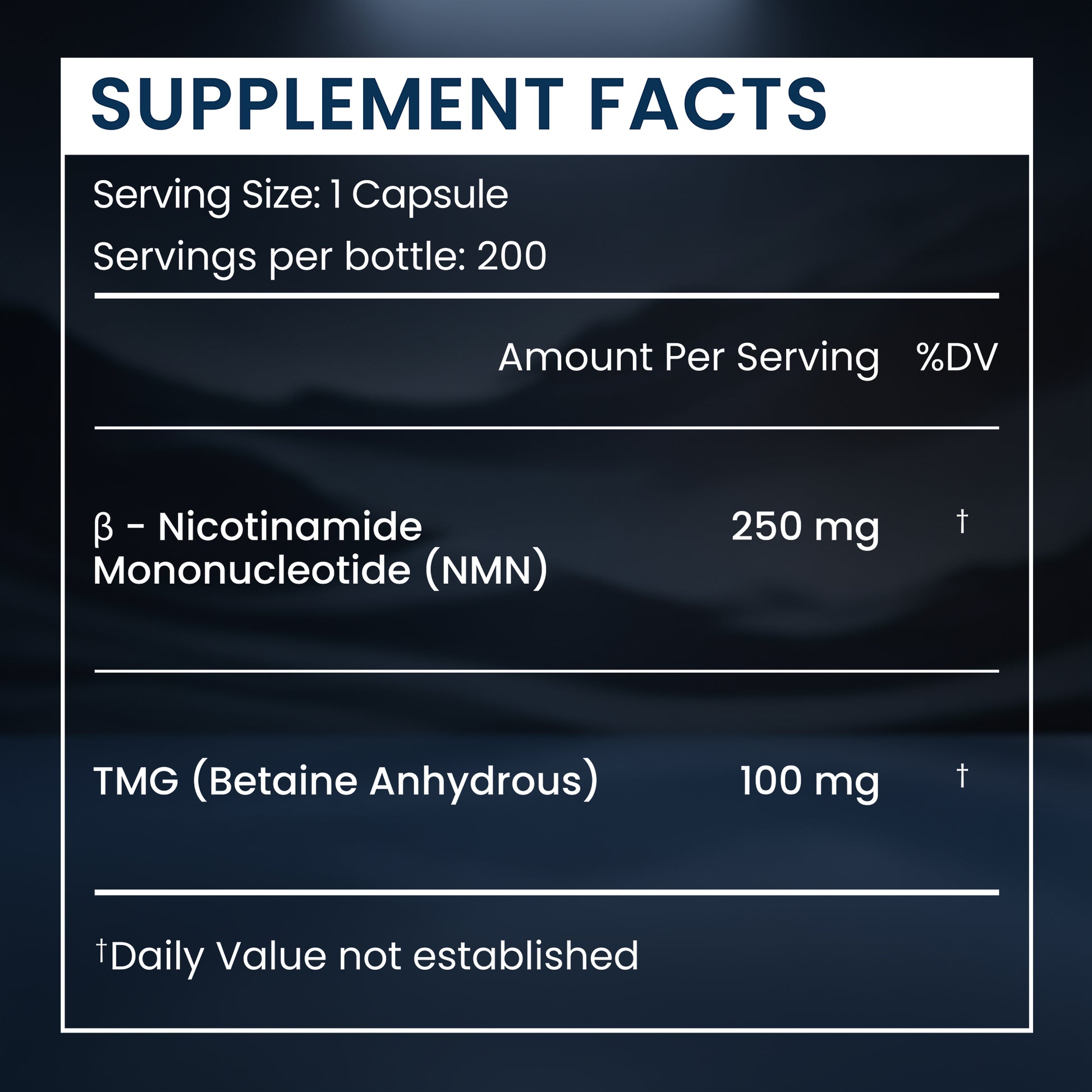 A supplement facts panel on a dark background, showing serving size 1 capsule, 200 servings per bottle, and ingredients: β-Nicotinamide Mononucleotide (NMN) 250 mg and TMG (Betaine Anhydrous) 100 mg.
