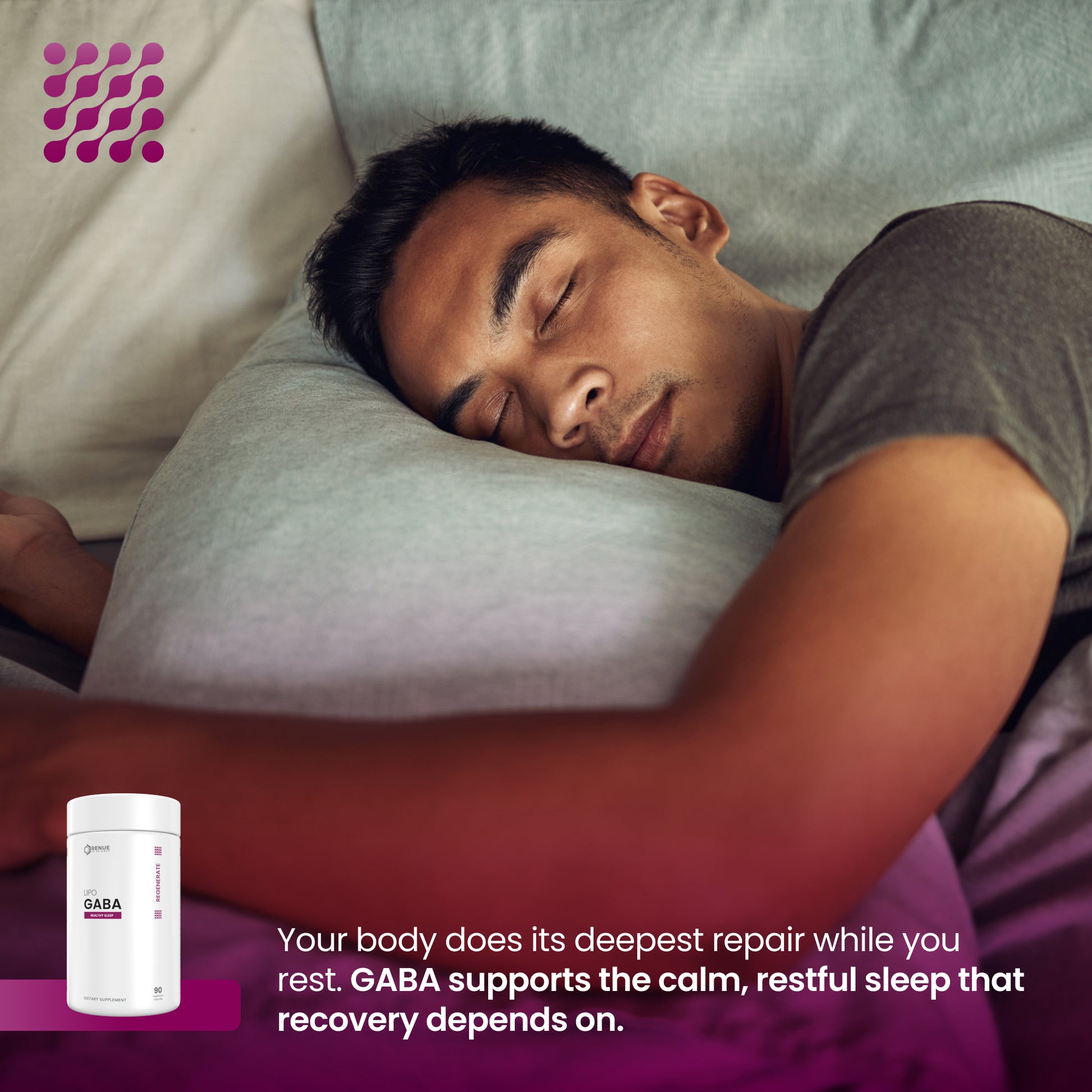 A man sleeping soundly on a pillow in bed, with a small white GABA supplement bottle shown in the lower left and promotional text about rest and recovery. A purple logo appears in the upper left corner.