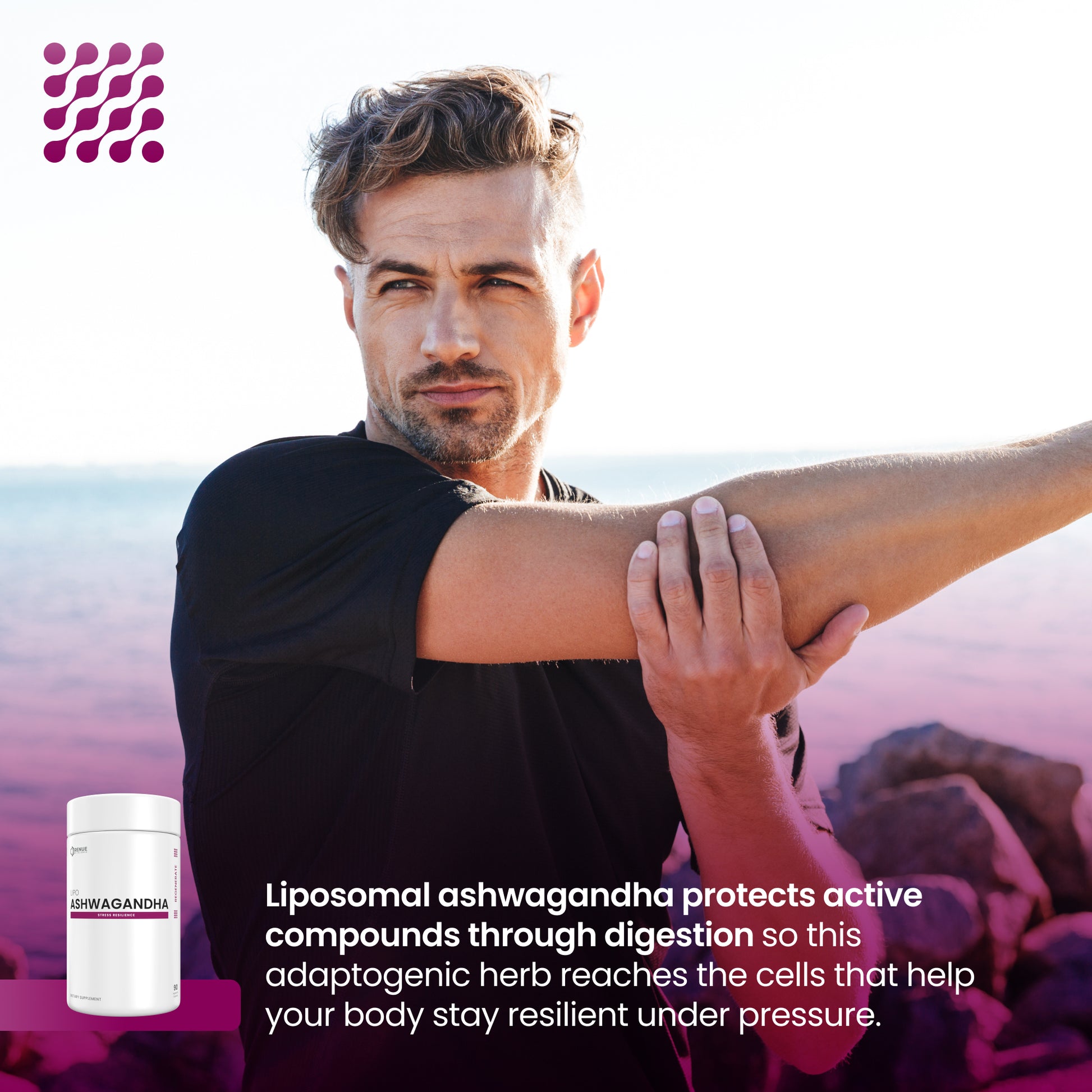 Man holding his arm with a product container labeled 'ashwagandha' on a scenic background