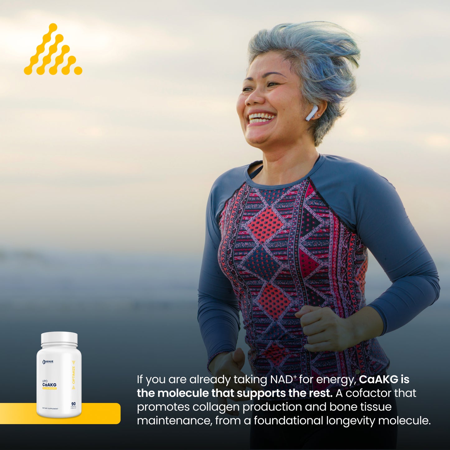 Woman exercising outdoors with a supplement bottle and text overlay about CaAKG.