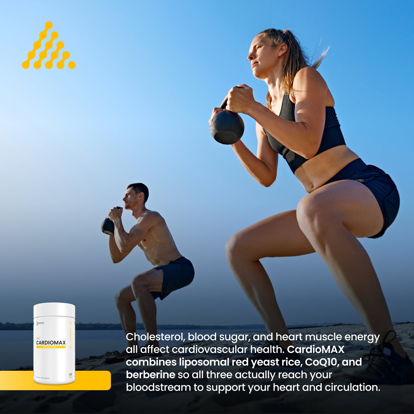 A lifestyle promotional graphic showing two people exercising outdoors at dusk against a blue sky. In the lower left, a white CardioMAX supplement container is shown beside a yellow banner and descriptive text about cardiovascular health benefits.