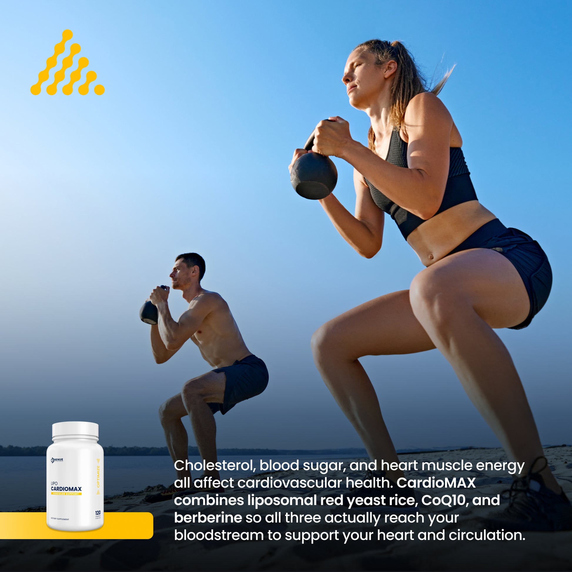 Two people exercising outdoors with a supplement bottle labeled 'CardioMAX' in the foreground.