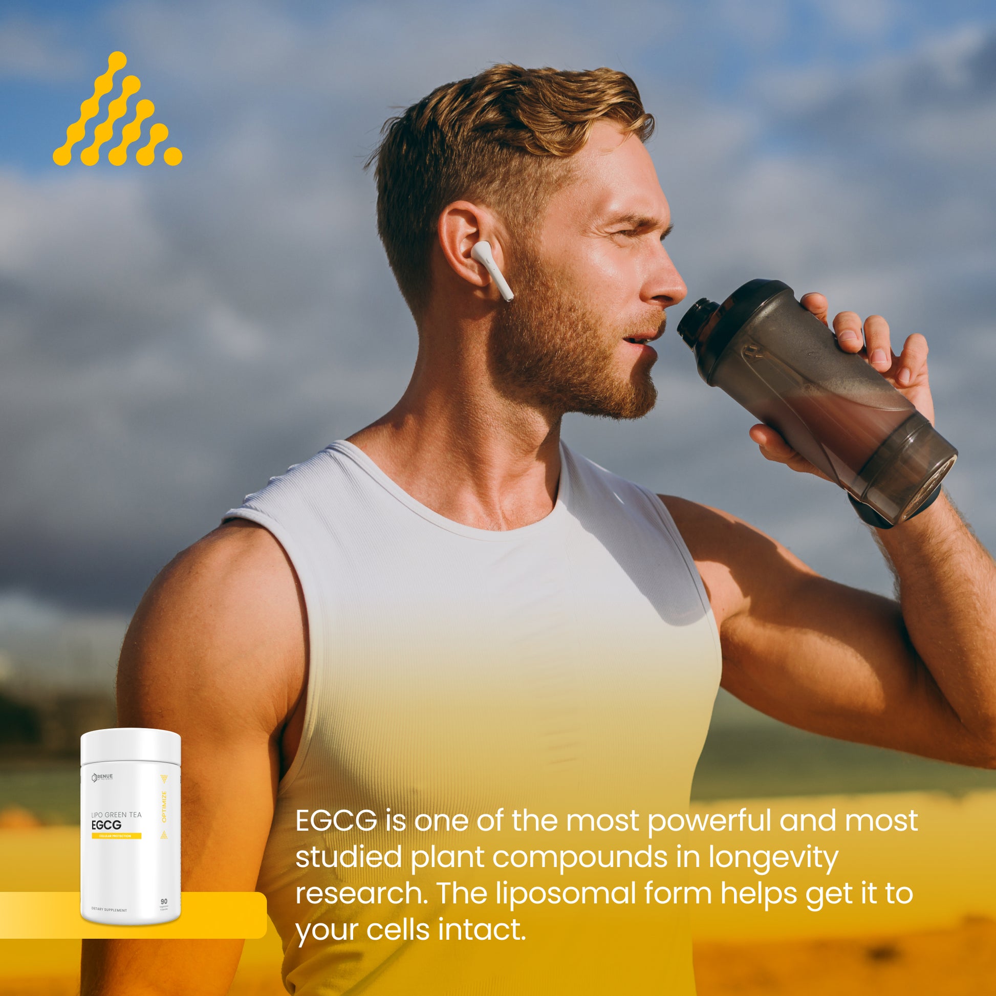 A muscular man in a white tank top drinking from a shaker bottle outdoors, with a small white supplement container labeled 'EGCG' in the lower left and promotional text about EGCG on a yellow banner.