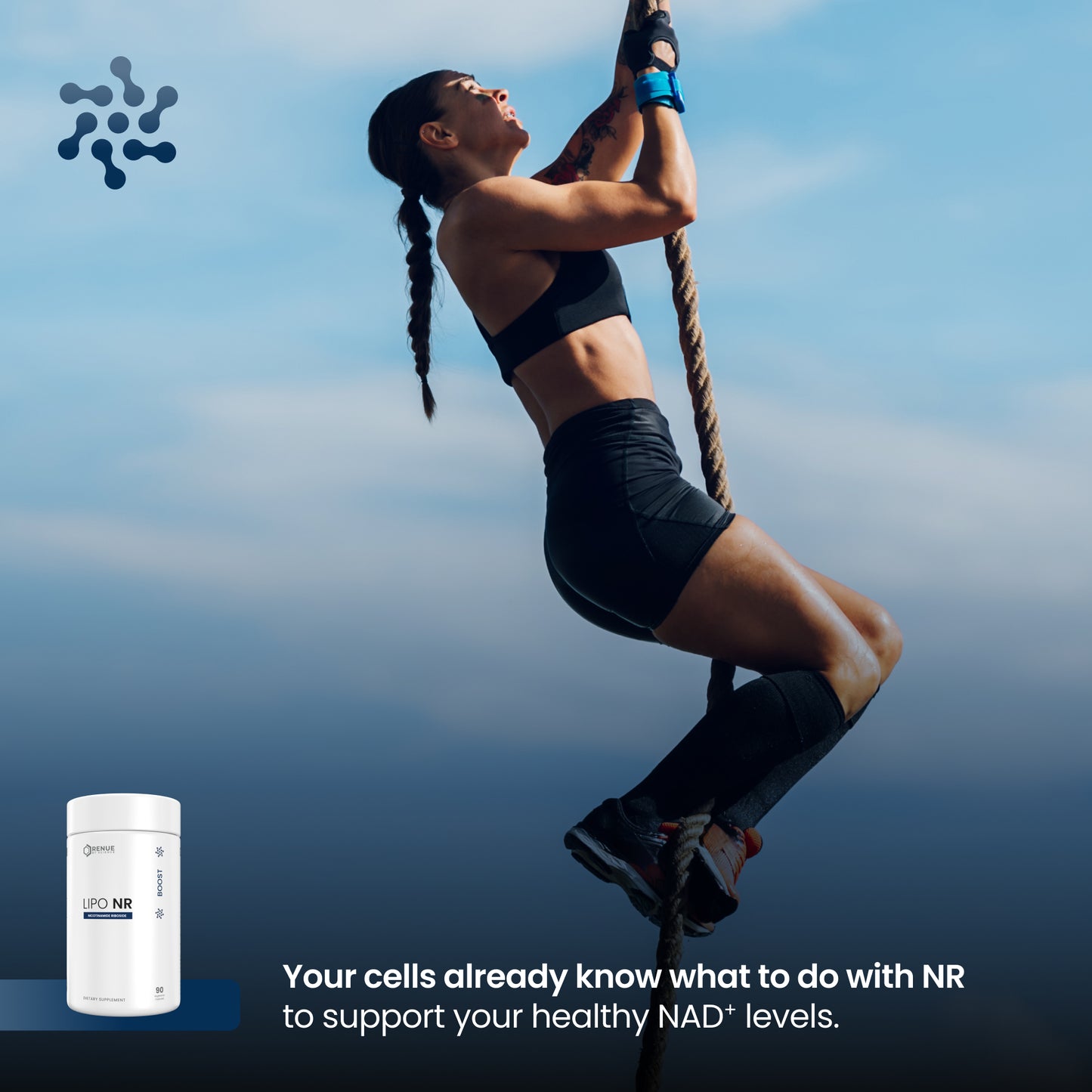 A woman climbing a rope outdoors against a blue sky, wearing a black sports bra and shorts. A white cylindrical supplement container labeled 'GNC NAD+ PRO' appears in the lower left, with marketing text at the bottom stating, 'Your cells already know what to do with NR to support your healthy NAD+ levels.