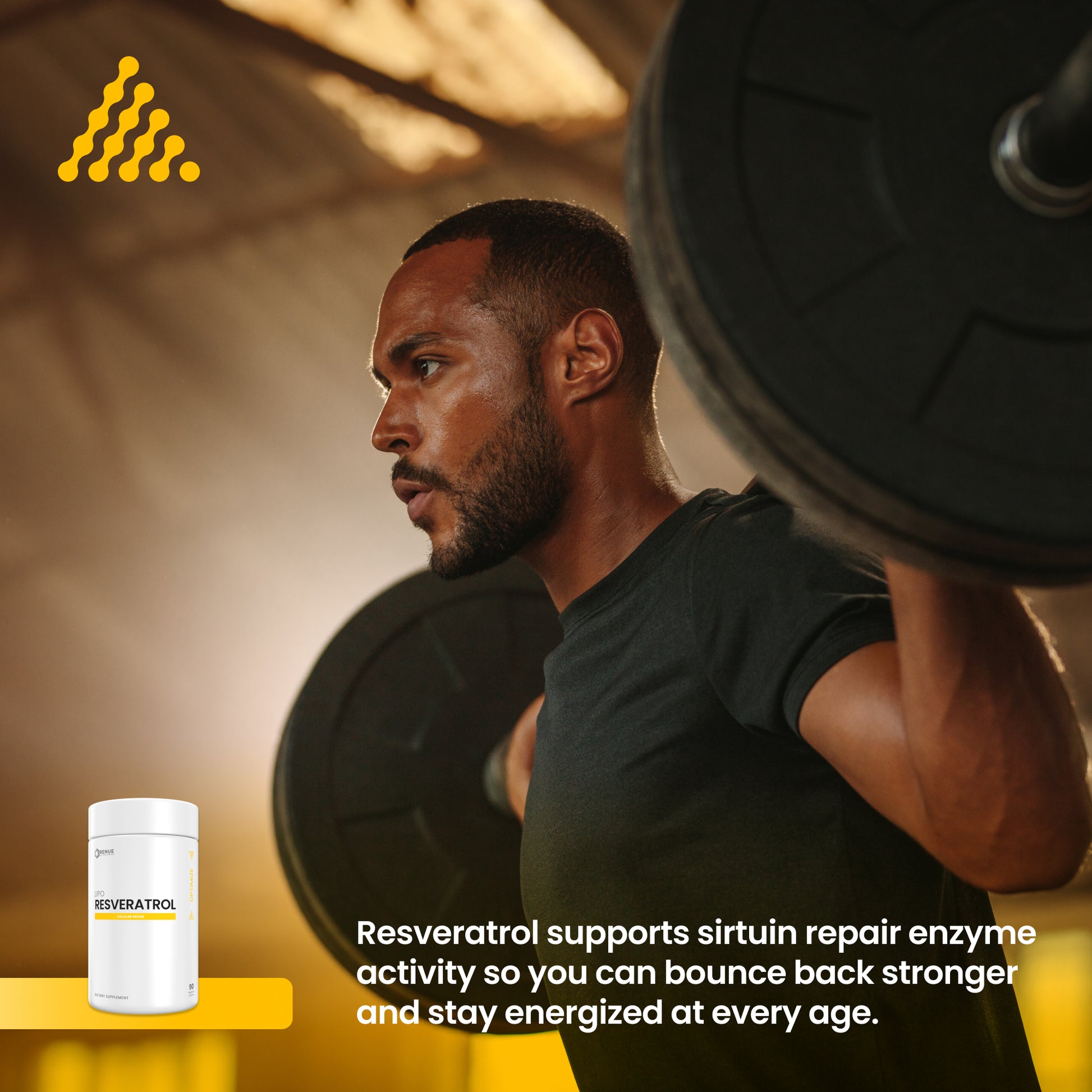 Man lifting weights with a supplement bottle labeled 'Trans-Resveratrol' in the foreground.