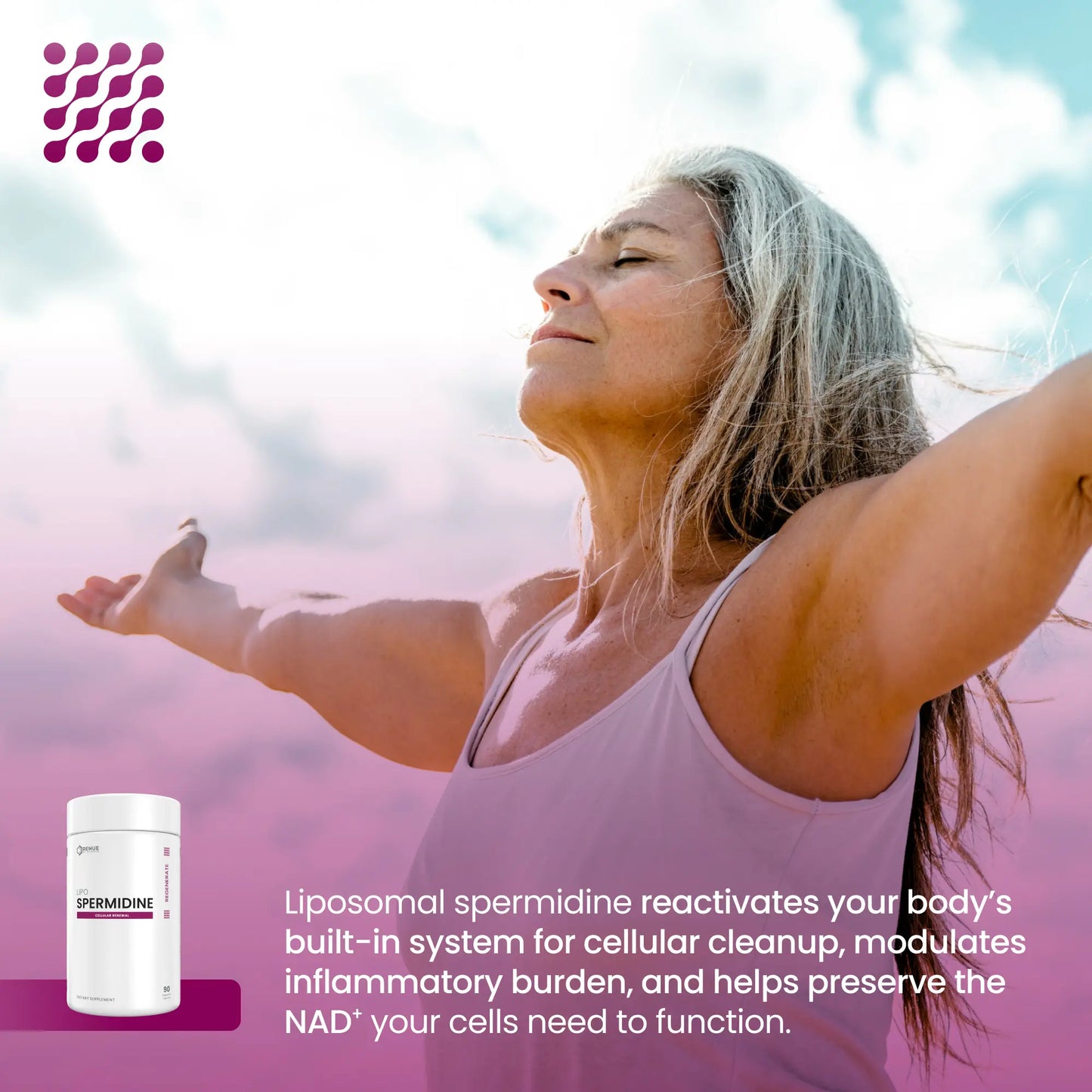 A woman outdoors with her arms outstretched under a cloudy sky, wearing a light pink top. A small white tub labeled Spermidine appears in the lower left, with marketing text about spermidine on a pink-to-purple gradient background.