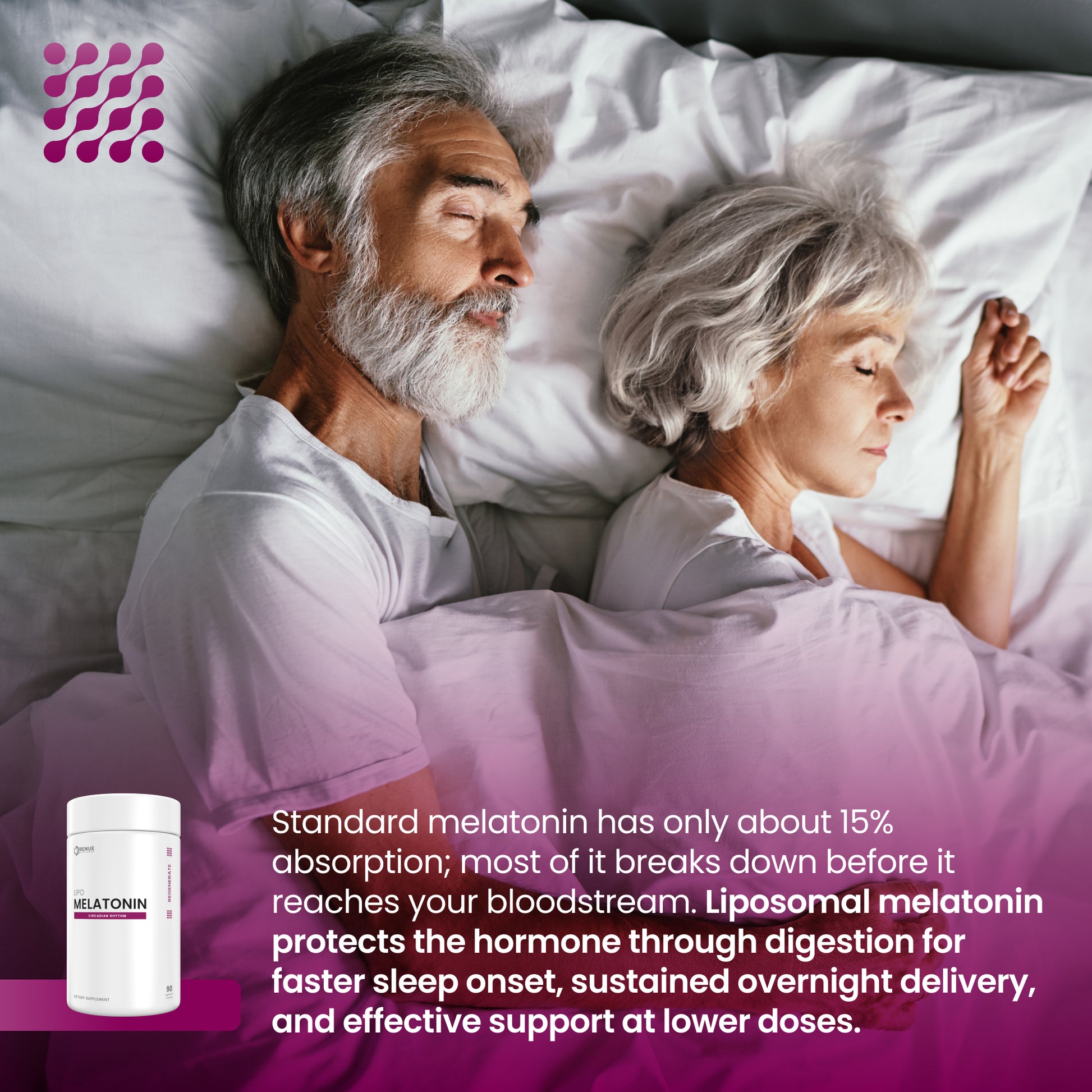 An older couple sleeping peacefully in bed under a light purple blanket, with a small white supplement jar labeled 'MELATONIN' in the lower left and explanatory marketing text across the bottom.