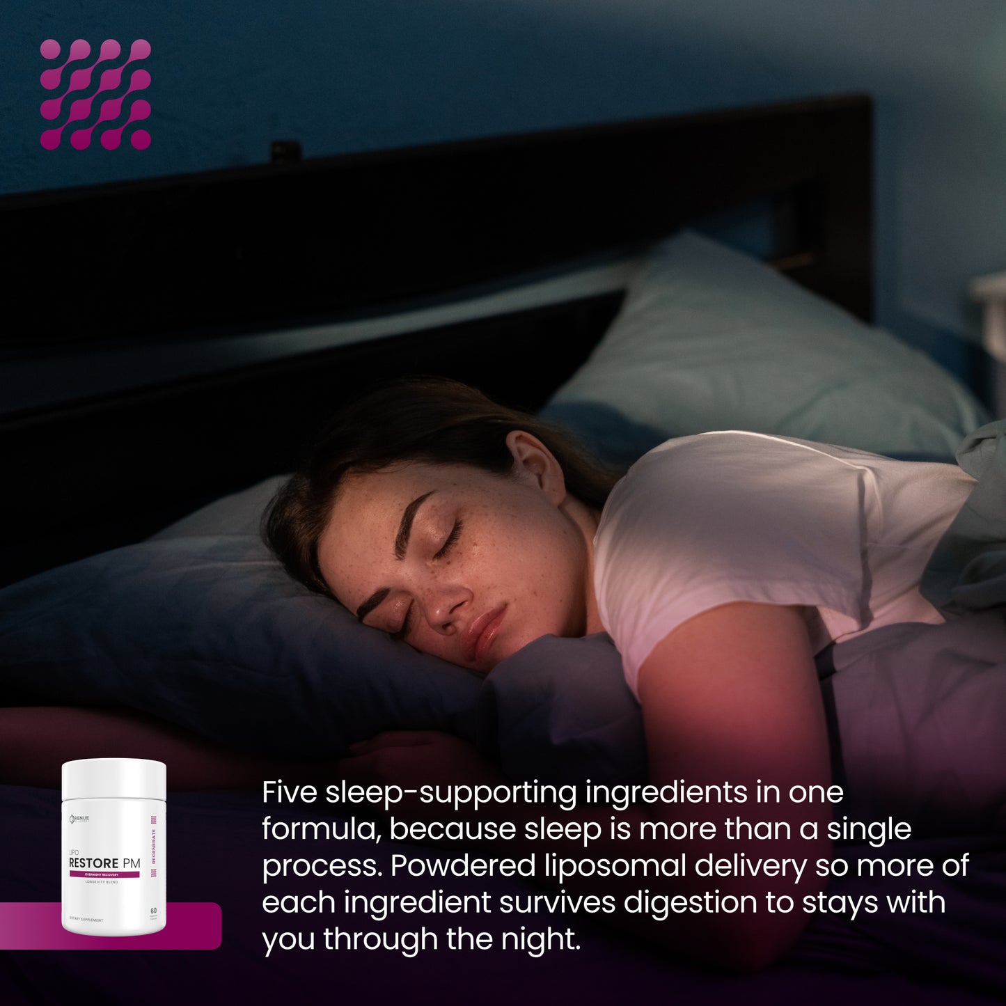 A woman sleeping peacefully in a dimly lit bedroom, with a small white supplement jar labeled Restore Fix shown in the lower left corner and descriptive marketing text across the bottom.