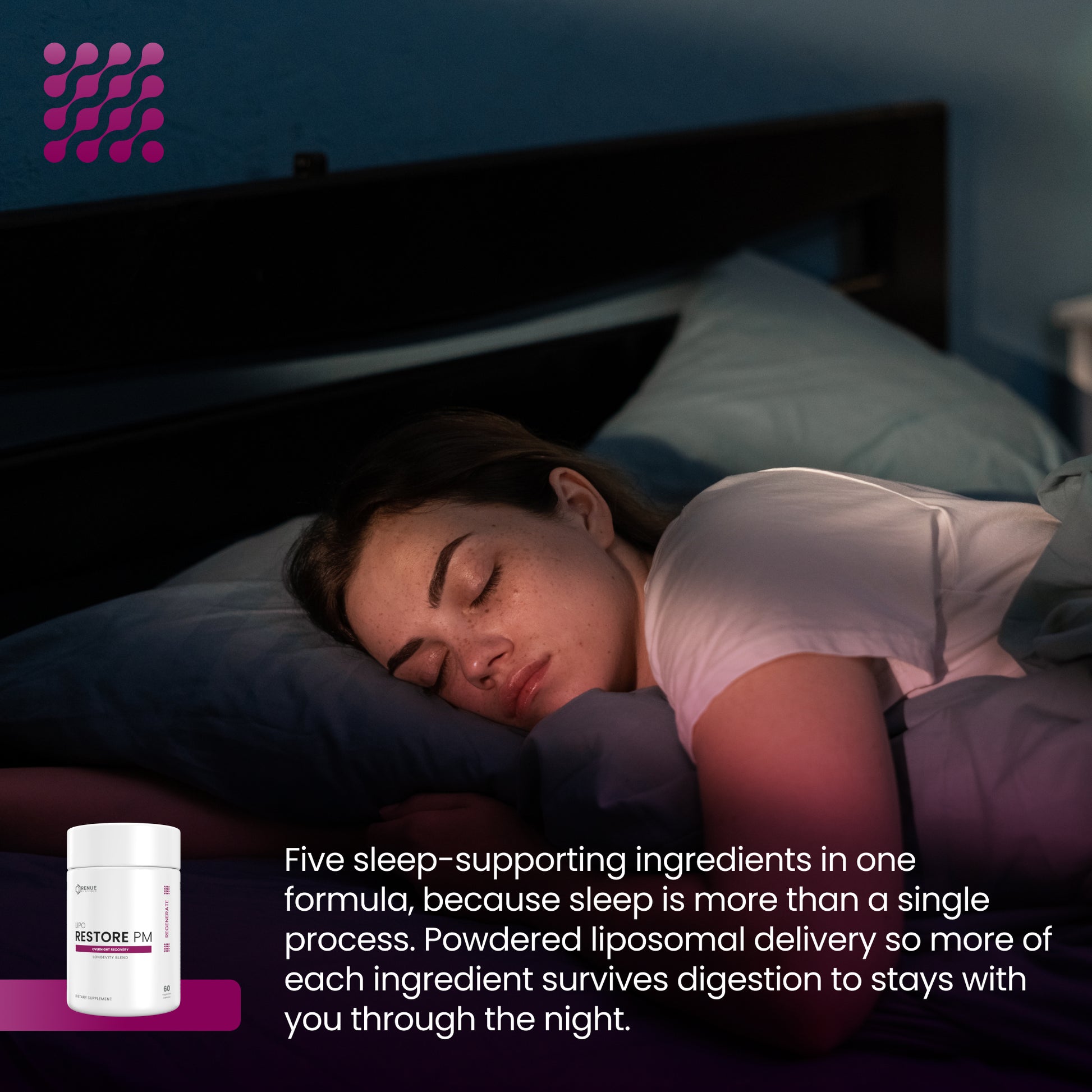 A woman sleeping peacefully in a dimly lit bedroom, with a small white supplement jar labeled Restore Fix shown in the lower left corner and descriptive marketing text across the bottom.