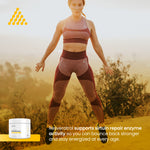 A woman in a matching athletic set stands outdoors in a hazy, warm-toned landscape. In the lower left, a white tub of Resveratrol dietary supplement is shown beside promotional text about supporting sirtuin repair enzyme activity.