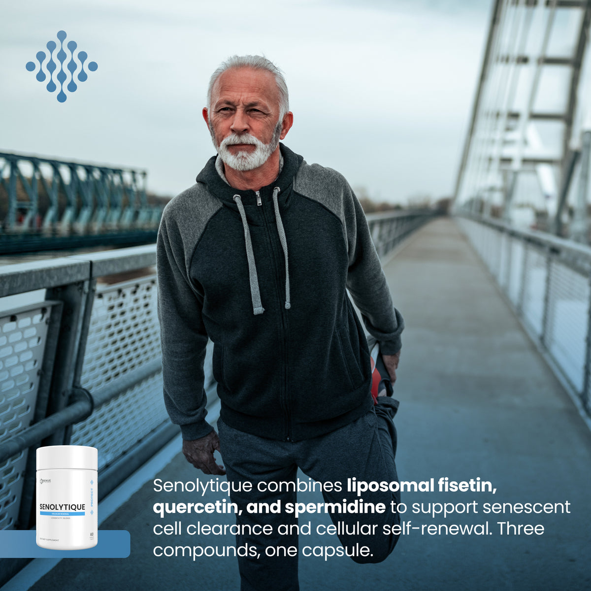 An older man walks across a bridge wearing a dark zip-up hoodie, with a small white supplement bottle labeled Senolytique shown in the lower left. Text on the image describes the product ingredients and benefits.