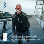 An older man walks across a bridge wearing a dark zip-up hoodie, with a small white supplement bottle labeled Senolytique shown in the lower left. Text on the image describes the product ingredients and benefits.