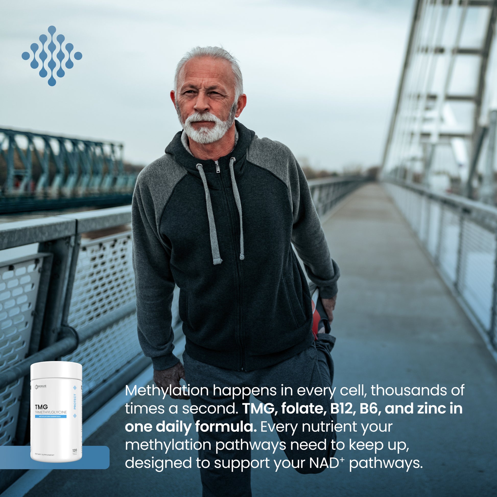 A man in a dark gray and black hoodie walking on a bridge, with a white supplement tub labeled TMO shown in the lower left corner. White text overlays describe the importance of methylation for cellular health.