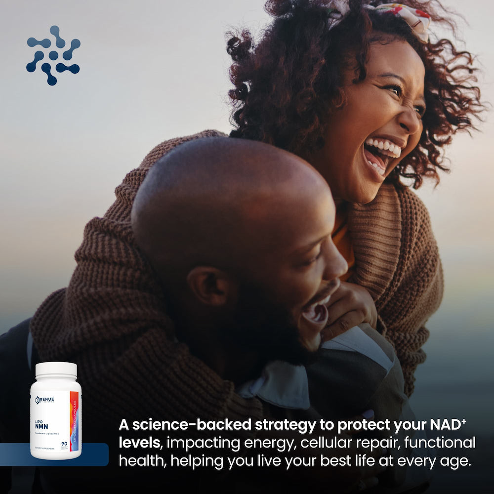 Woman hugging a child with a supplement bottle and text about protecting NAD levels.