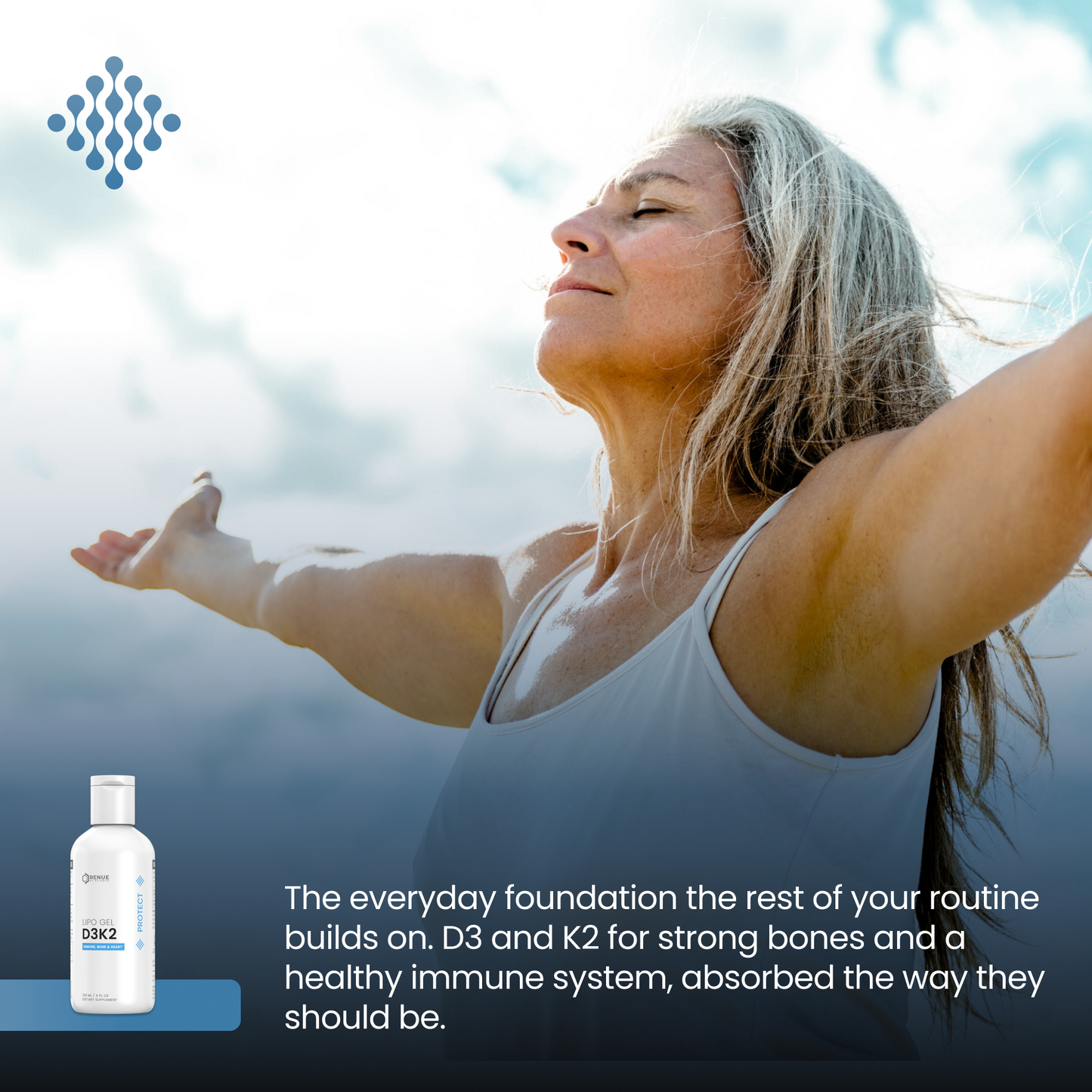 A woman with gray hair stands outdoors with her arms outstretched, smiling in the sun. In the lower left, a small white bottle labeled D3K2 is shown beside a blue text block promoting bone and immune system support.