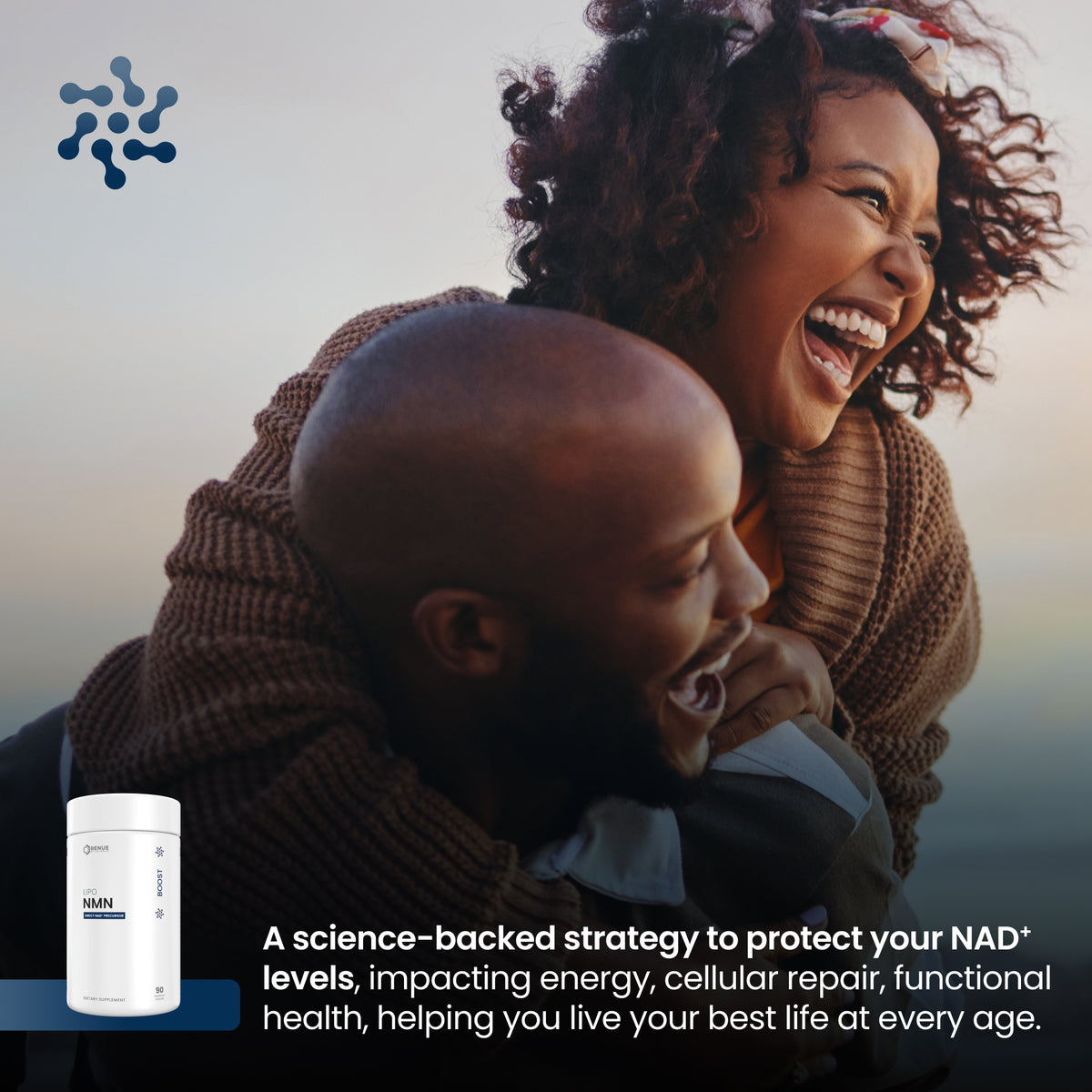 Woman hugging a child with a supplement container labeled 'NAD' in the corner.