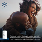 Woman hugging a child with a supplement container labeled 'NAD' in the corner.