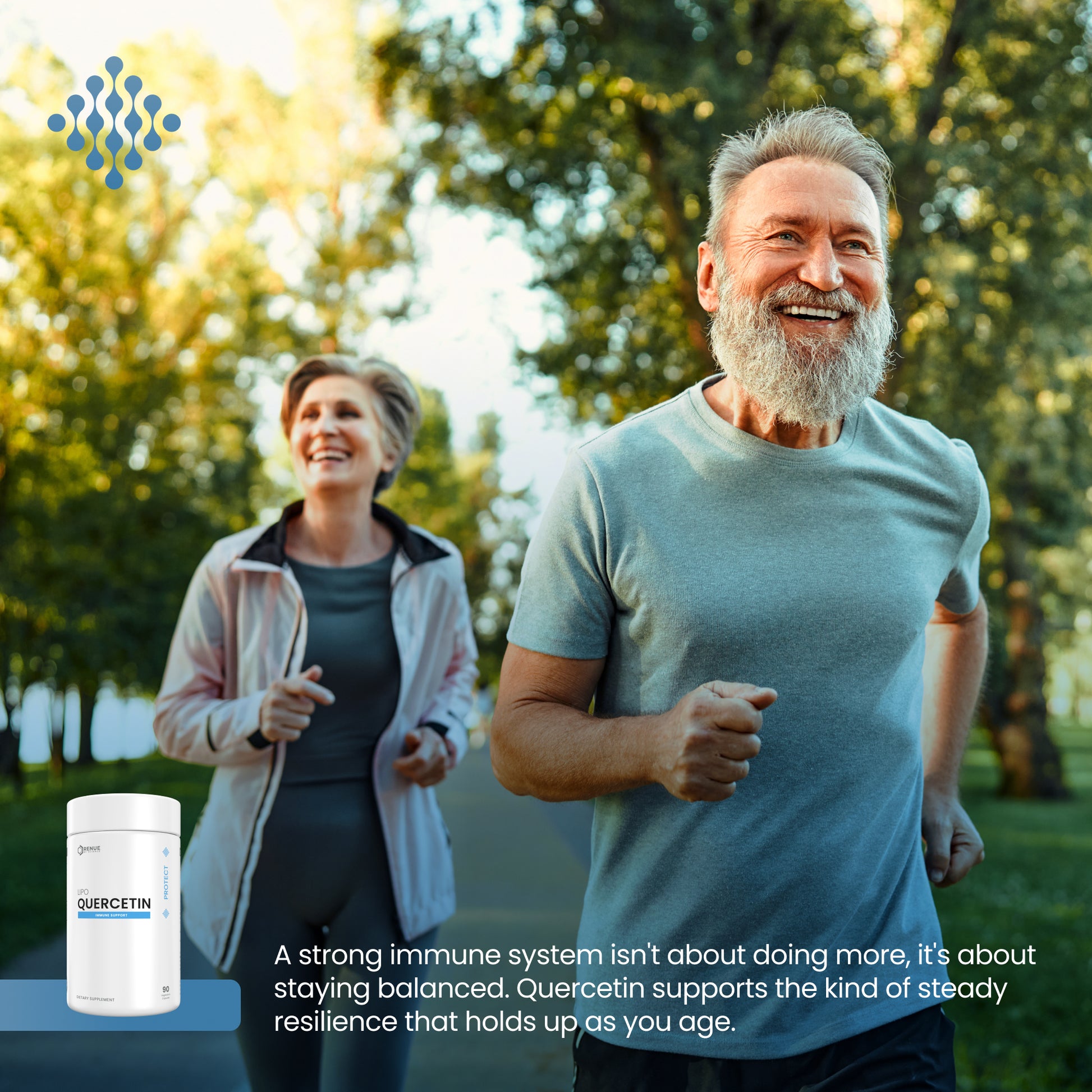 An older man and woman jogging together in a sunlit park, with a small product jar labeled QUERCETIN shown in the lower left and a marketing text overlay at the bottom. Because people and a real outdoor environment are present, this is Lifestyle rather than Product/Packaging.