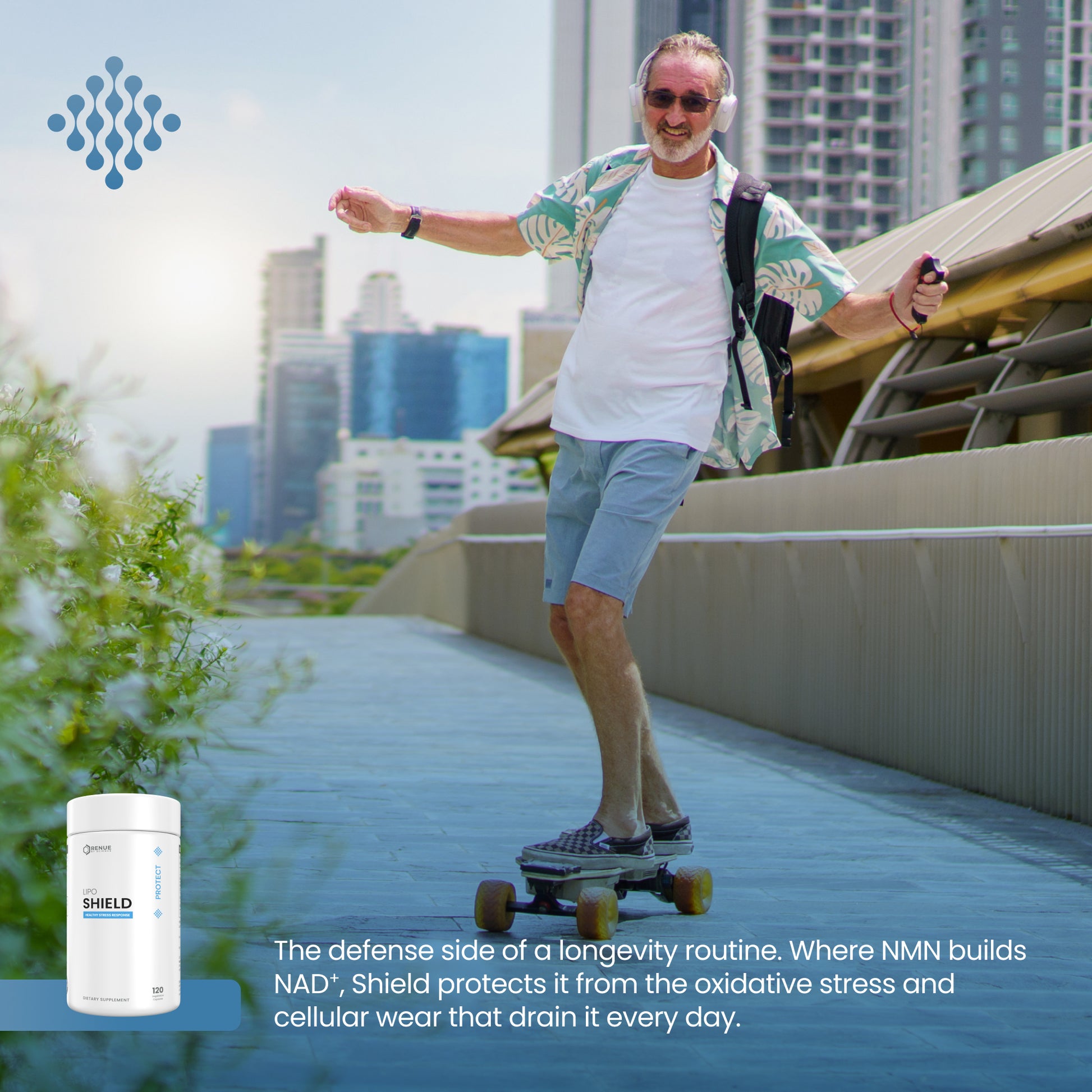 A man wearing sunglasses and a green-and-white patterned shirt rides an electric skateboard on an outdoor urban walkway. A white supplement tub labeled Shield is shown in the lower left, with promotional text at the bottom describing NMN and cellular protection.
