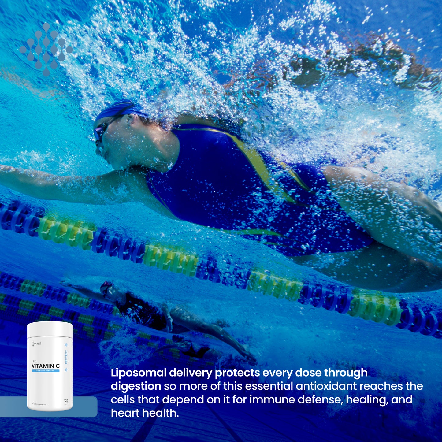 Underwater pool scene with a swimmer in a blue swimsuit, alongside a white supplement jar labeled Vitamin C and promotional text about liposomal delivery.