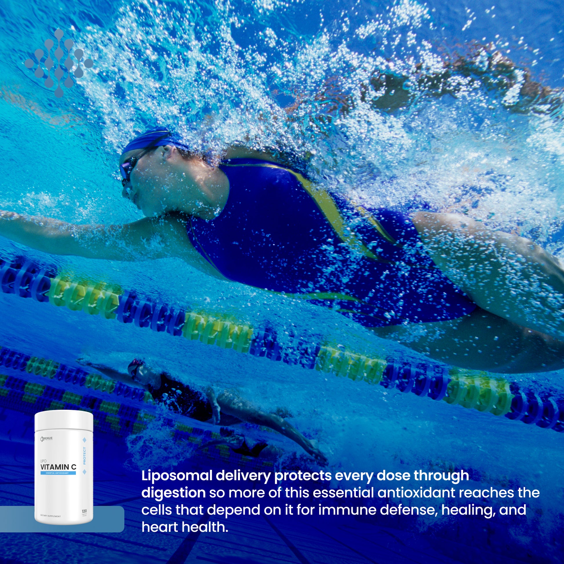 Underwater pool scene with a swimmer in a blue swimsuit, alongside a white supplement jar labeled Vitamin C and promotional text about liposomal delivery.