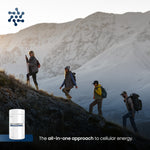 Four hikers ascend a mountain ridge with snow-covered peaks in the background. A white supplement tub labeled HIGH COMPLETE appears in the lower left, with the text 'The all-in-one approach to cellular energy.