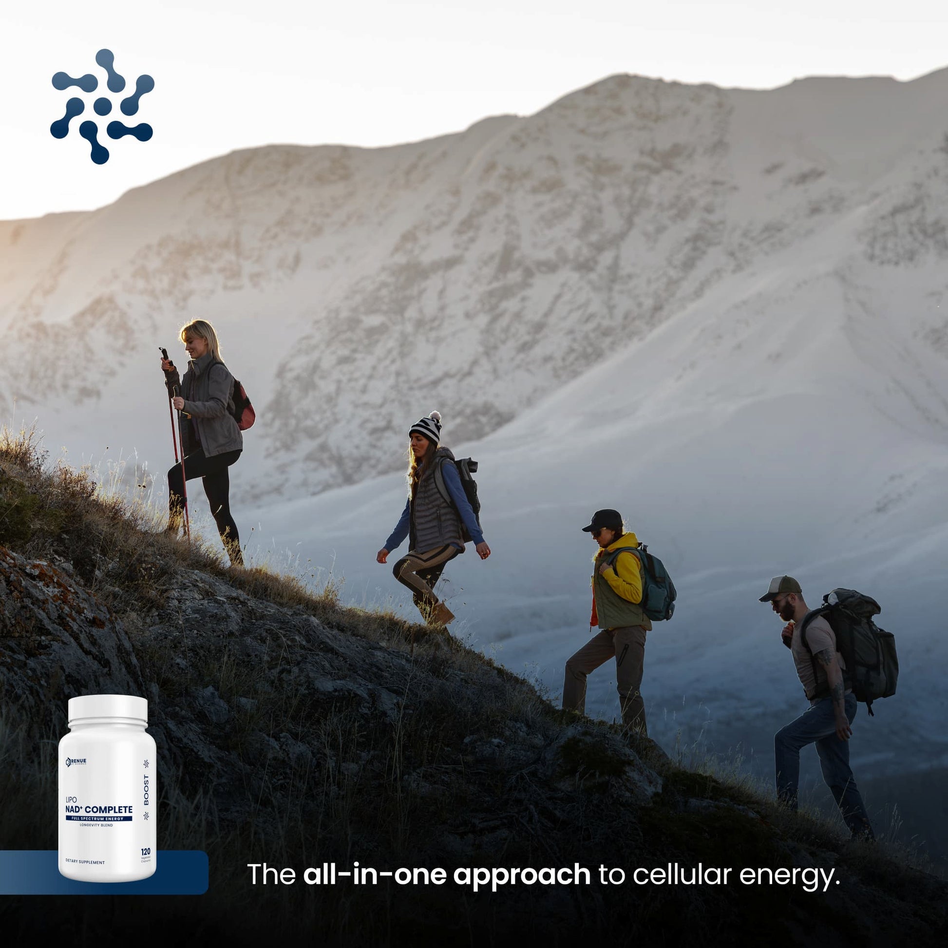 Four people hiking on a mountain with a supplement bottle and text overlay.