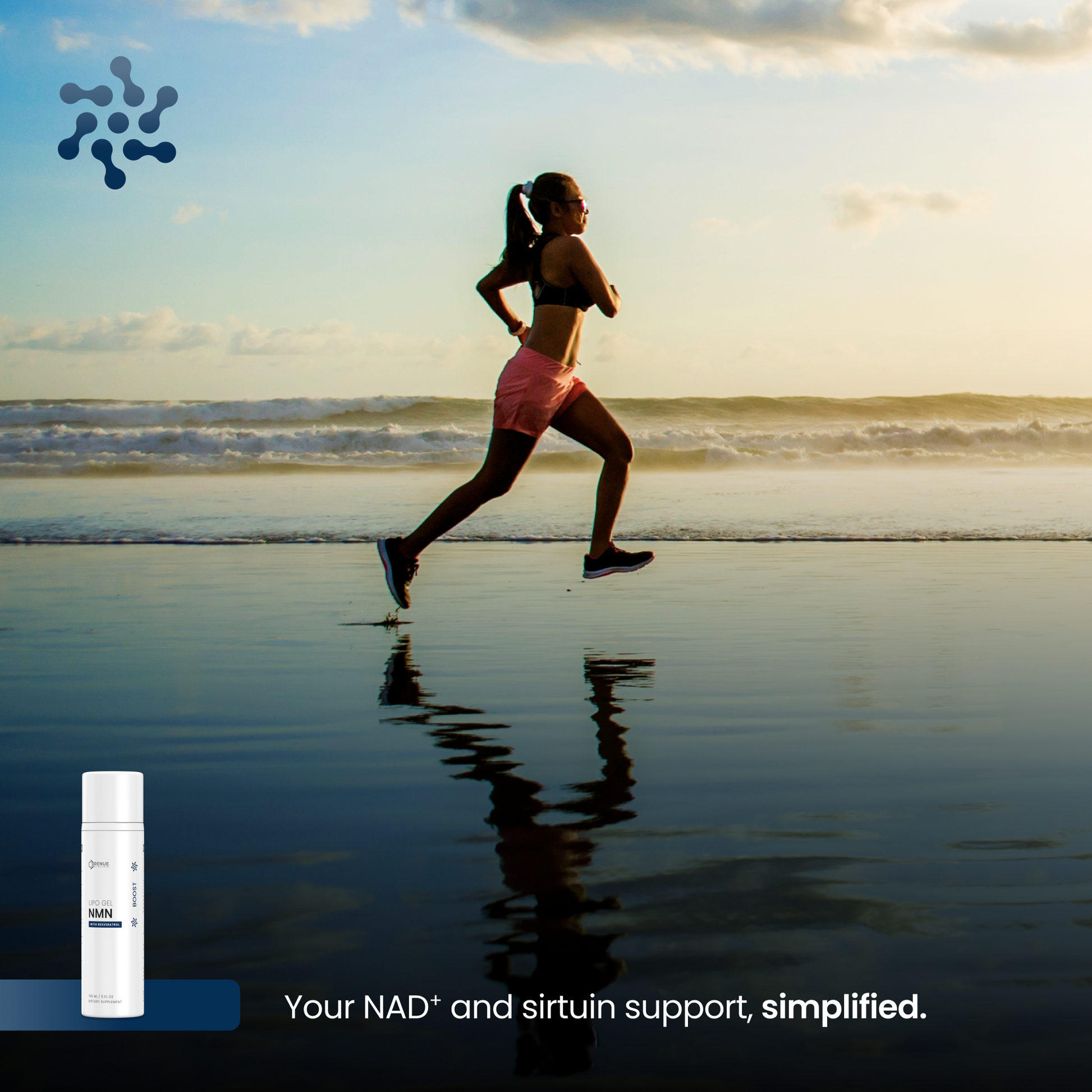 A woman runs on a reflective beach at sunset, with ocean waves and sky behind her. A small white supplement bottle labeled 'Sirtuin' and 'NAD+' appears in the lower left, with the text 'Your NAD+ and sirtuin support, simplified.
