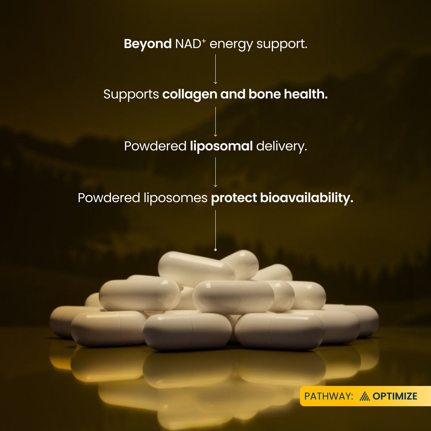White capsules arranged in a small pile on a reflective dark surface, with marketing text above them reading 'Beyond NAD+ energy support. Supports collagen and bone health.