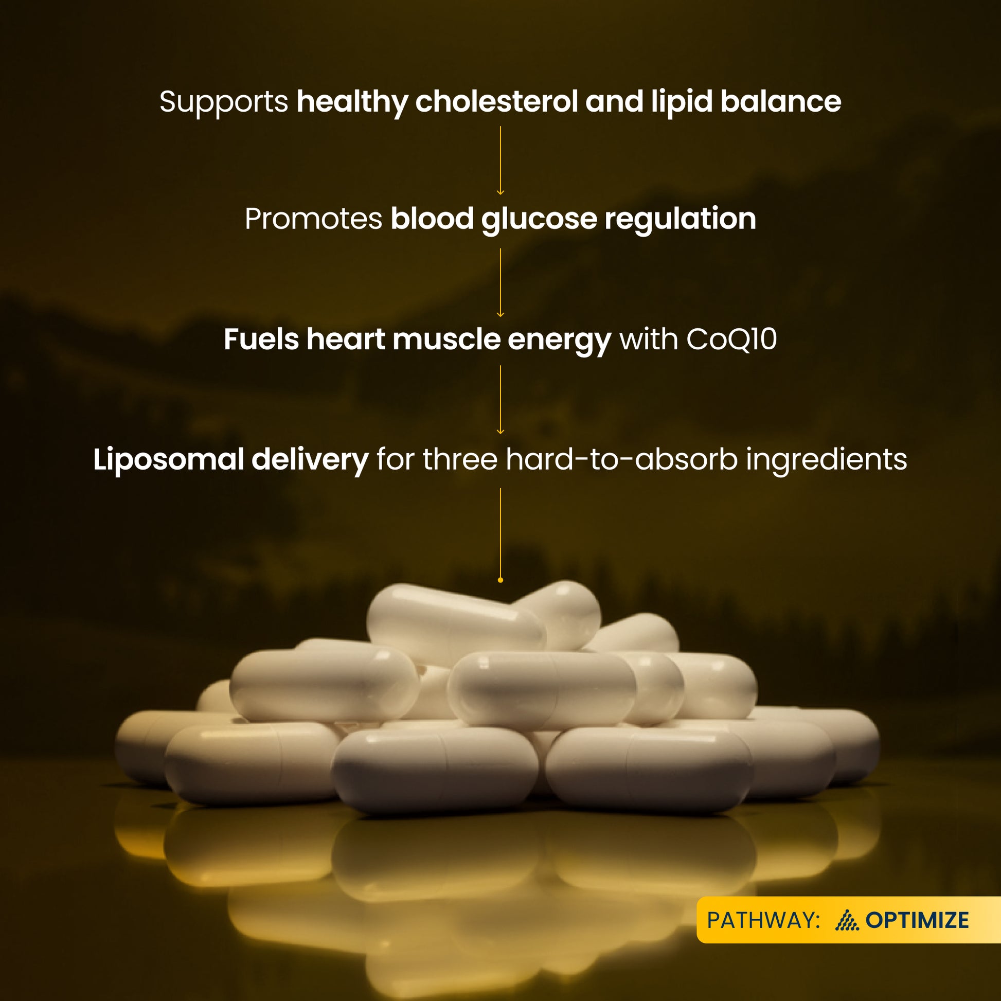 White pills stacked on a reflective surface with text about health benefits and Pathway: Optimize branding.
