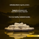 White capsules arranged on a reflective surface against a dark warm-toned background, with text overlays describing benefits: activates sirtuin longevity proteins, supports antioxidant and anti-inflammatory response, and promotes healthy metabolic function. A yellow label in the bottom right reads PATHWAY: OPTIMIZE.