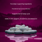 White capsules arranged in a pile on a glossy magenta surface, with a purple graphic background showing text about sleep-supporting ingredients, powdered liposomal delivery, and listed components including GABA, 5-HTP, apigenin, glutathione, and melatonin. A small 'PATHWAY: REGENERATE' label appears in the bottom right.