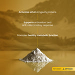 Powder on a reflective surface with text about sirtuin proteins and health benefits, set against a blurred natural landscape.