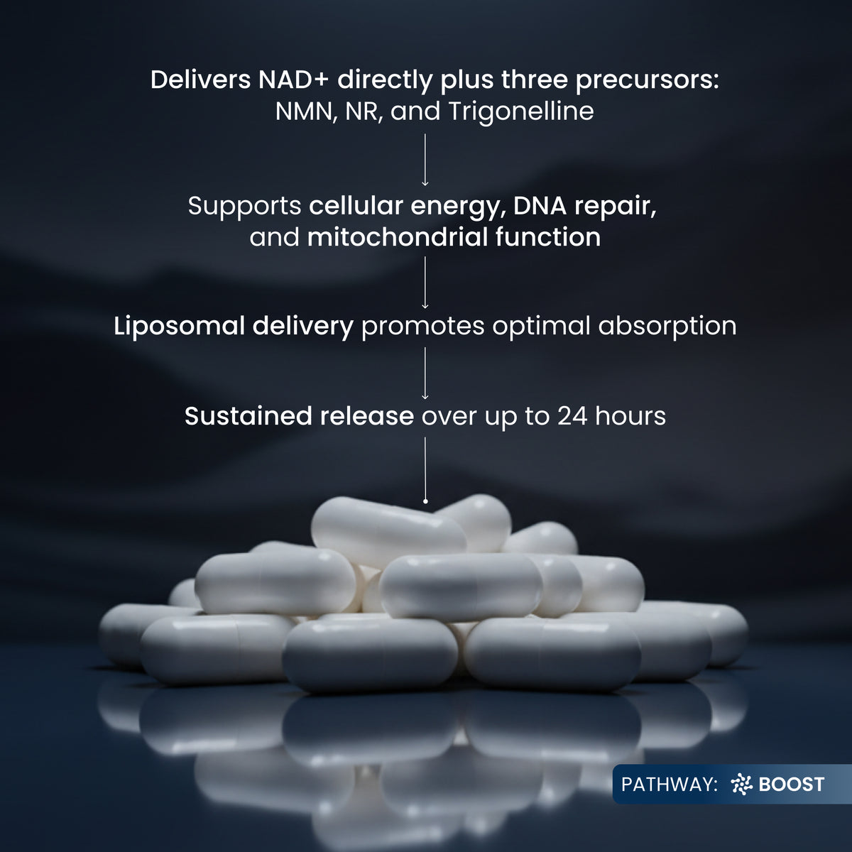 White capsules arranged in a pile on a dark reflective surface, with white text above describing lipidosomal delivery and NAD+ precursor support. A small 'PATHWAY: BOOST' label appears in the bottom right corner.