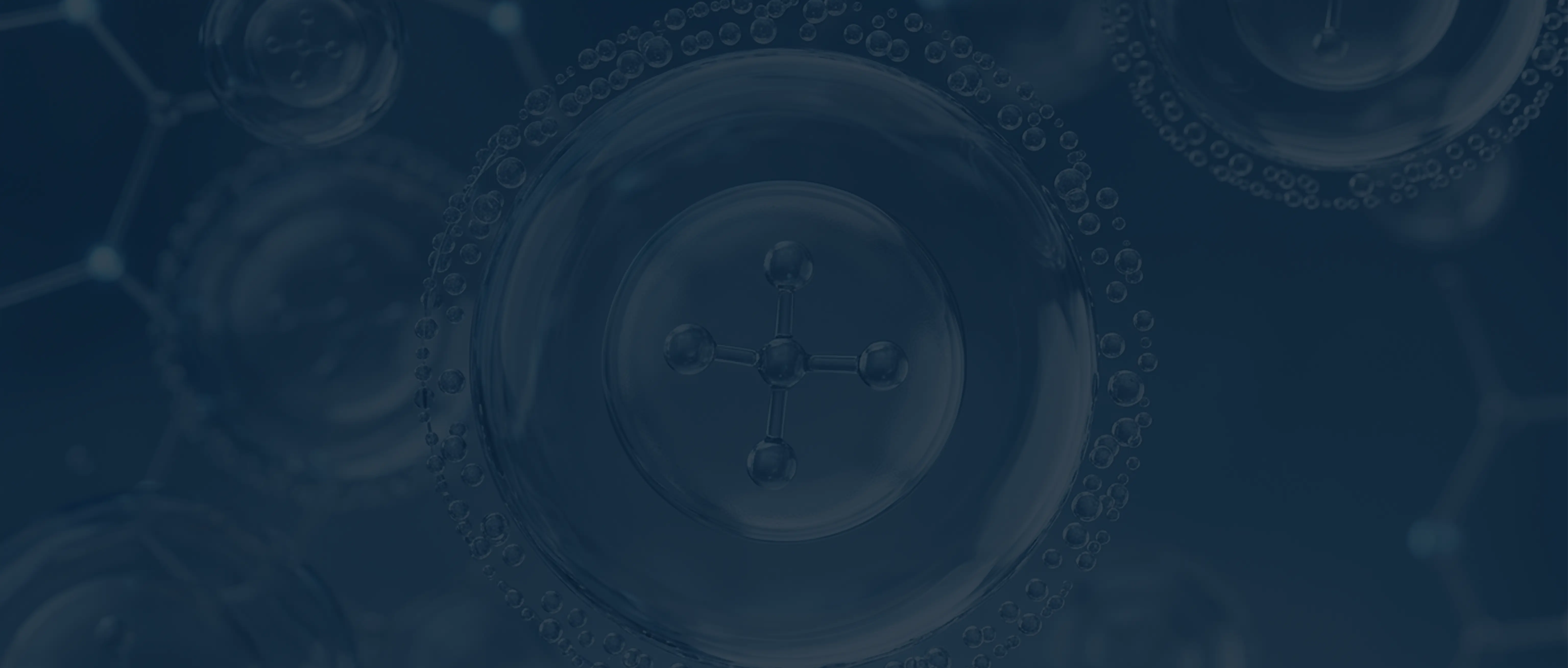 Circular design with molecular structure on a dark blue background