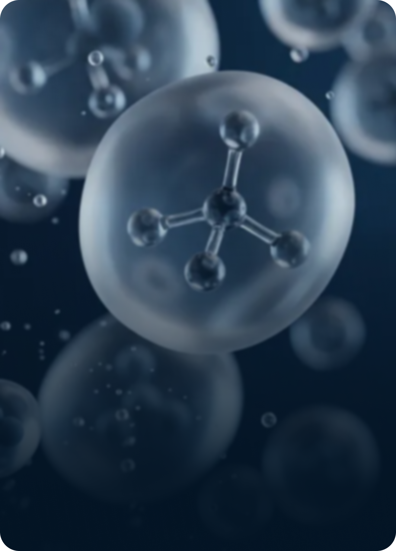 Molecular structure within a bubble on a dark blue background