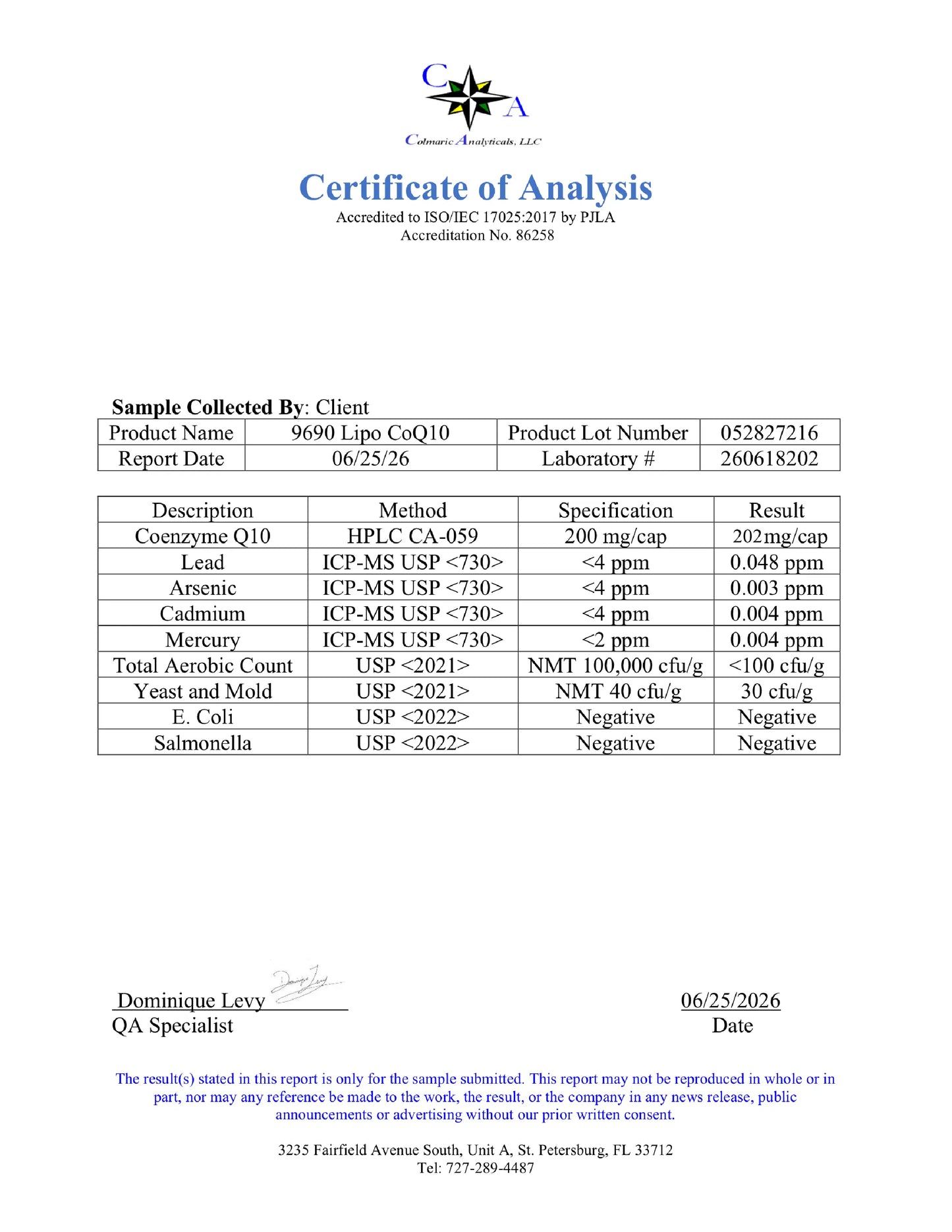 A document titled 'Certificate of Analysis' with a blue and white logo at the top, containing product test data in a table format, signatures, and a footer address. The page is mostly white with black text and a blue header.