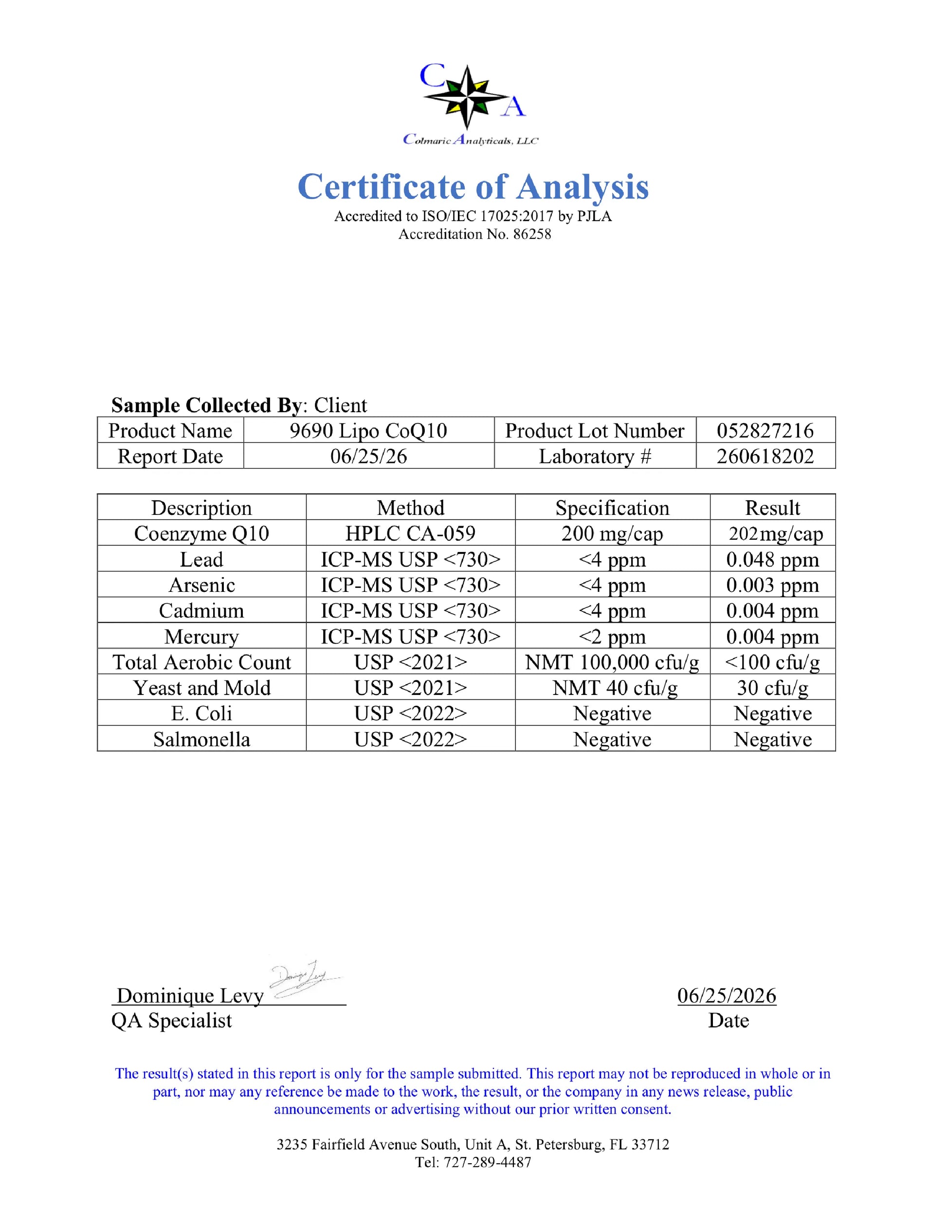 A document titled 'Certificate of Analysis' with a blue and white logo at the top, containing product test data in a table format, signatures, and a footer address. The page is mostly white with black text and a blue header.